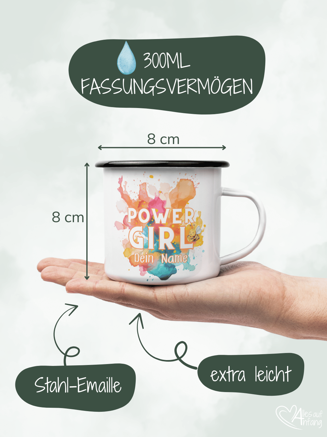 Emaillebecher mit personalisiertem Motiv – langlebig und einzigartig – ideal für Achtsamkeit, Geschenke und entspannte Momente