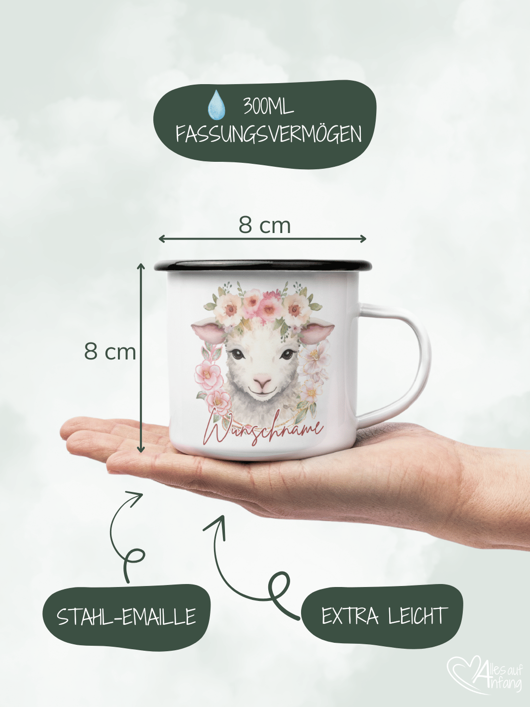 Produktinformationen Größe und Fassungsvermögen vom Emaillebecher. Onlineshop Alles auf Anfang - Geschenke für Herz & Seele