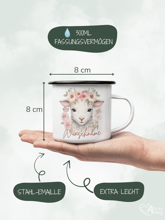 Produktinformationen Größe und Fassungsvermögen vom Emaillebecher. Onlineshop Alles auf Anfang - Geschenke für Herz & Seele