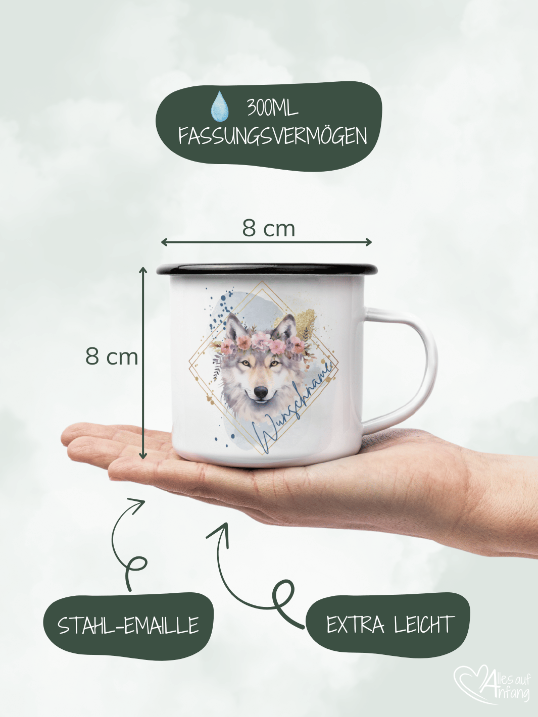 Produktinformationen Größe und Fassungsvermögen vom Emaillebecher. Onlineshop Alles auf Anfang - Geschenke für Herz & Seele