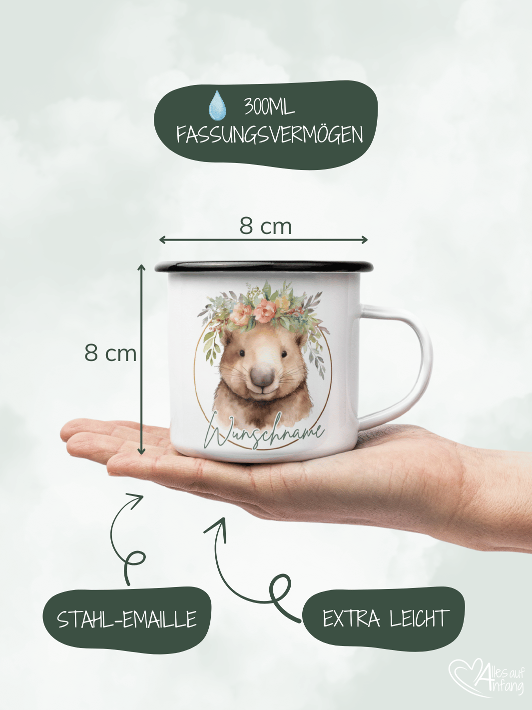 Produktinformationen Größe und Fassungsvermögen vom Emaillebecher. Onlineshop Alles auf Anfang - Geschenke für Herz & Seele