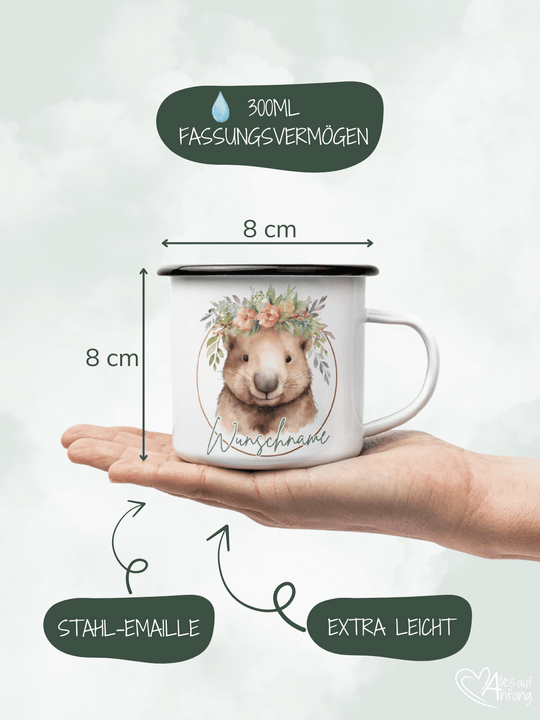 Produktinformationen Größe und Fassungsvermögen vom Emaillebecher. Onlineshop Alles auf Anfang - Geschenke für Herz & Seele