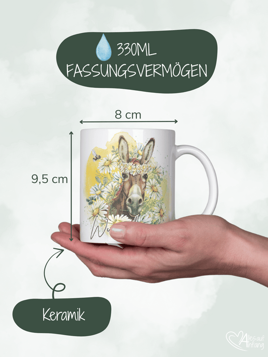 Motiv Esel - Personalisierbare Keramiktassen, handgefertigt in Deutschland, individuelles Geschenk für Freundin, nachhaltige Tasse für Kaffee oder Tee, liebevoll gestaltetes Motiv, personalisierbar mit Name
