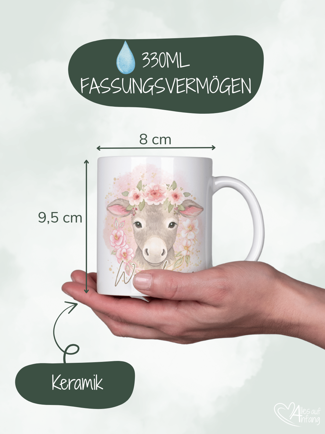 Motiv Esel II - Personalisierbare Keramiktassen, handgefertigt in Deutschland, individuelles Geschenk für Freundin, nachhaltige Tasse für Kaffee oder Tee, liebevoll gestaltetes Motiv, personalisierbar mit Name