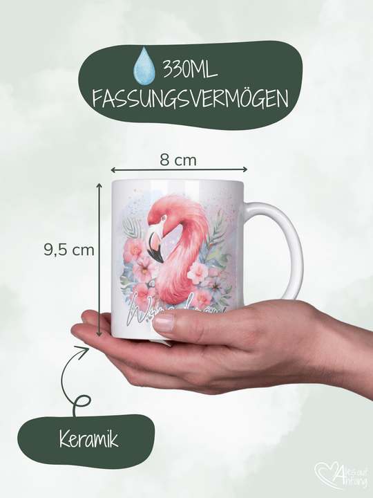 Motiv Flamingo - Personalisierbare Keramiktassen, handgefertigt in Deutschland, individuelles Geschenk für Freundin, nachhaltige Tasse für Kaffee oder Tee, liebevoll gestaltetes Motiv, personalisierbar mit Name