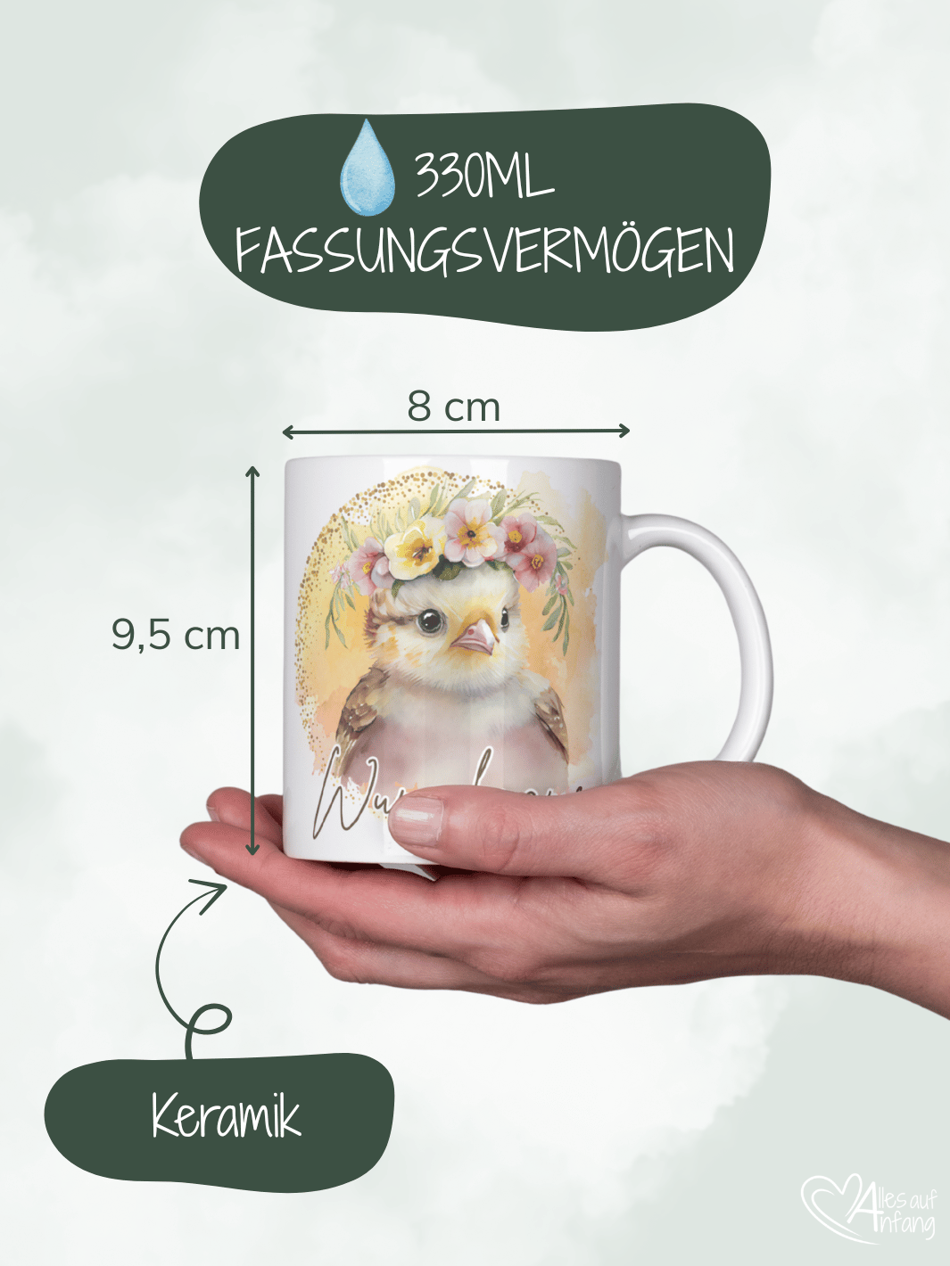 Motiv Küken - Personalisierbare Keramiktassen, handgefertigt in Deutschland, individuelles Geschenk für Freundin, nachhaltige Tasse für Kaffee oder Tee, liebevoll gestaltetes Motiv, personalisierbar mit Name