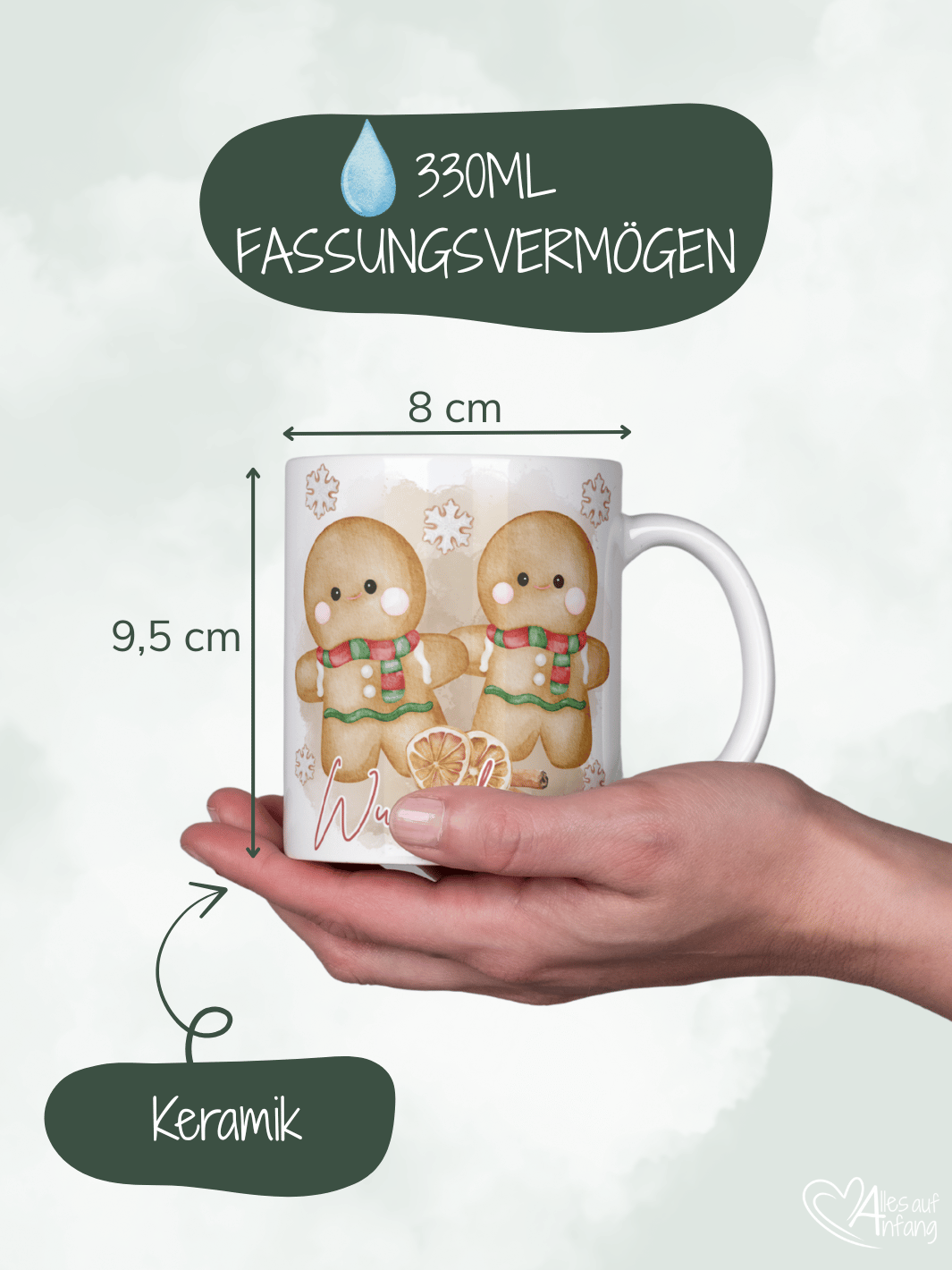 Lebkuchenmann Tasse - personalisiert mit Name - Alles auf Anfang - Geschenke für Frauen - Größenangaben
