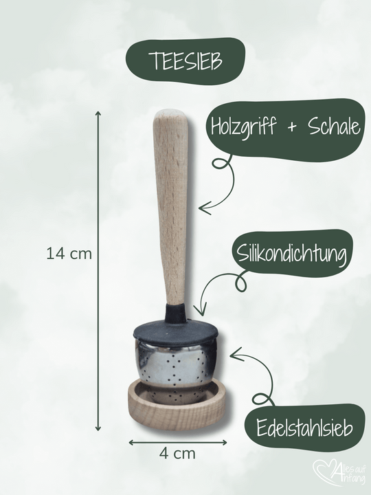 Teesieb Arelo 14x4x4 cm aus Edelstahl mit Silikondichtung, Holzgriff und passender Holz-Ablageschale – ideal für losen Tee, langlebig und hochwertig