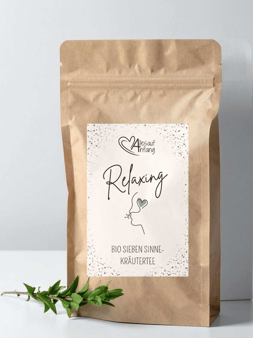 Bio 7 Sinne-Kräutertee – Etikett „Relaxing“, Achtsamkeit & Entspannung, nachhaltig gestaltet bei Alles auf Anfang, Bedburg (NRW).