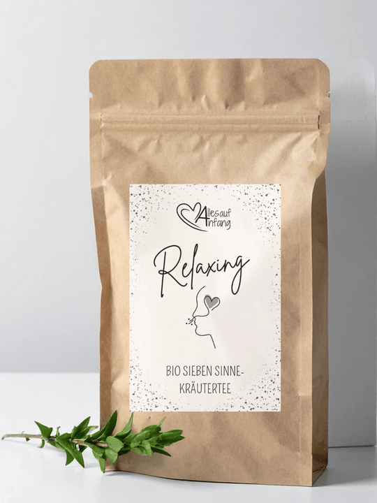 Bio 7 Sinne-Kräutertee – Etikett „Relaxing“, Achtsamkeit & Entspannung, nachhaltig gestaltet bei Alles auf Anfang, Bedburg (NRW).