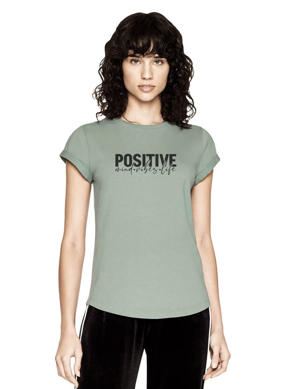 Model Damen T-Shirt rolled arms Positive Mind