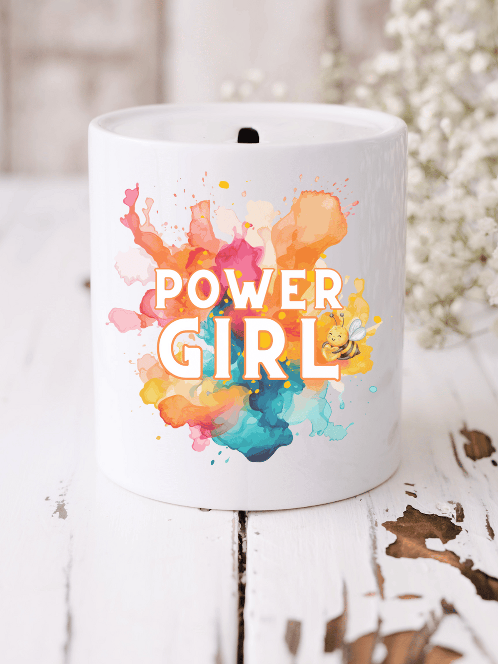 Motivierende Keramikspardose „Power Girl“ – mit bunter Aquarellwolke & starker Message. Ideal für mutige Frauen, die an sich glauben. Handveredelt & nachhaltig. Alles auf Anfang 💚 Geschenke für Herz & Seele