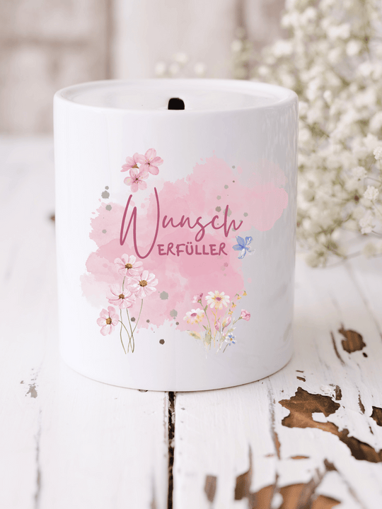 Spardose mit Aquarellblumen & Schriftzug „Wunscherfüller“. Romantisch, liebevoll & perfekt als Geschenk für Lieblingsmenschen. Nachhaltig & handveredelt. Alles auf Anfang 💚 Geschenke für Herz & Seele