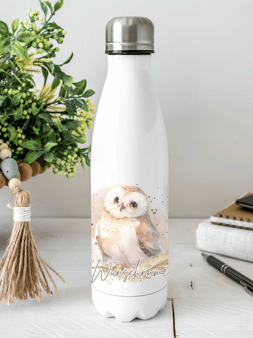 Personalisierbare Edelstahl-Trinkflasche mit doppelwandiger Thermo-Isolierung, 350ml oder 500ml, auslaufsicher und BPA-frei, mit liebevollem Aquarell-Motiv Eule – nachhaltiges Geschenk für unterwegs, Schule, Büro oder Sport.