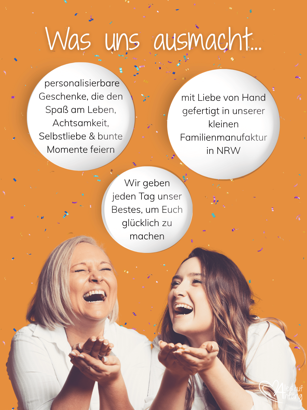 Familienmanufaktur aus Bedburg, NRW führt den Handmade-Onlineshop Alles auf Anfang, Geschenke für Herz und Seele. Hier findet man personalisierte Geschenke, nachhaltig, handgemacht mit viel Spaß am bunten Leben, Blick auf mehr Achtsamkeit und Selbstliebe. Suchst du Geschenkideen für die Freundin, Mutter, Tochter, Schwester, Kollegin oder Nachbarin usw. dann wirst du hier sicher fündig