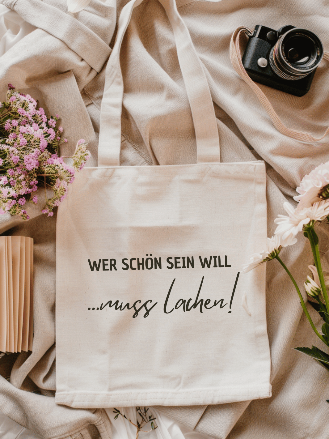 Eine naturfarbene Bio-Baumwolltragetasche, bzw. ein Einkaufsbeutel mit dem Schriftzug: Wer schön sein will muss lachen, liegt auf einer Stoffbahn mit Blumen, Fotokamera und Buch locker drapiert.