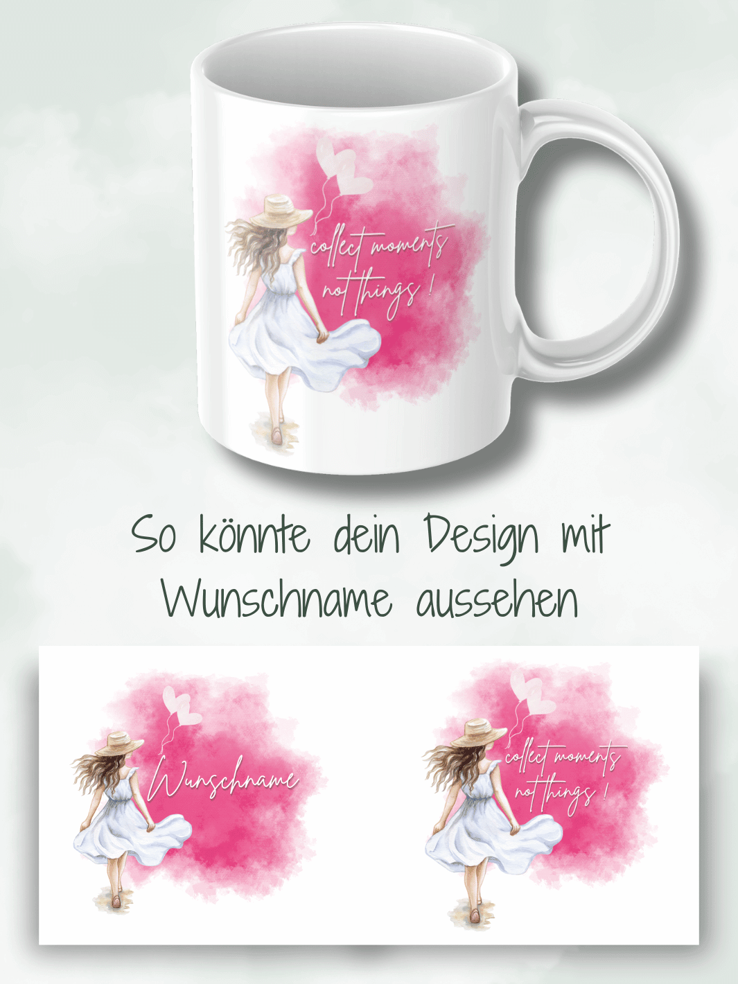 Collect Moments, not things - Personalisierbare Keramiktassen, handgefertigt in Deutschland, individuelles Geschenk für Freundin, nachhaltige Tasse für Kaffee oder Tee, liebevoll gestaltetes Motiv, personalisierbar mit Name