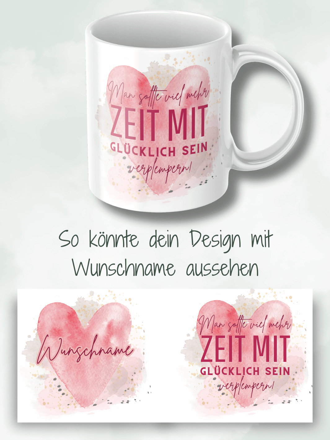 Zeit zum Glücklich sein - Personalisierbare Keramiktassen, handgefertigt in Deutschland, individuelles Geschenk für Freundin, nachhaltige Tasse für Kaffee oder Tee, liebevoll gestaltetes Motiv, personalisierbar mit Name