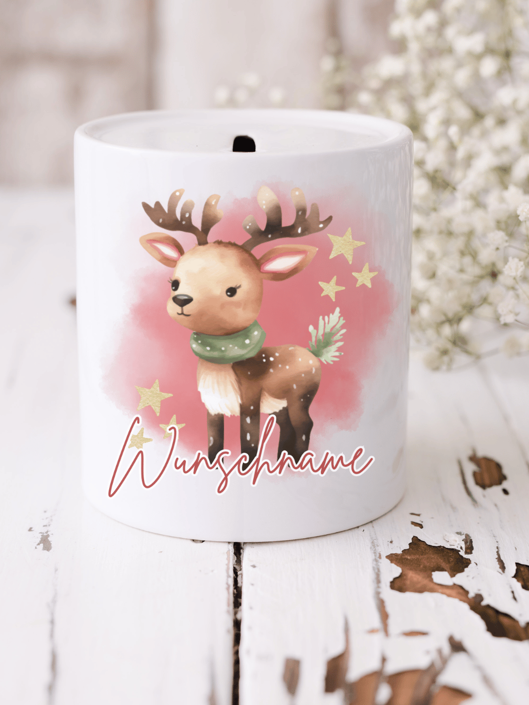 Spardose mit Aquarell-Rentier – festlich & personalisierbar. Perfekt für Kinder als Geschenk zur Weihnachtszeit. Alles auf Anfang 💚 Geschenke für Herz & Seele
