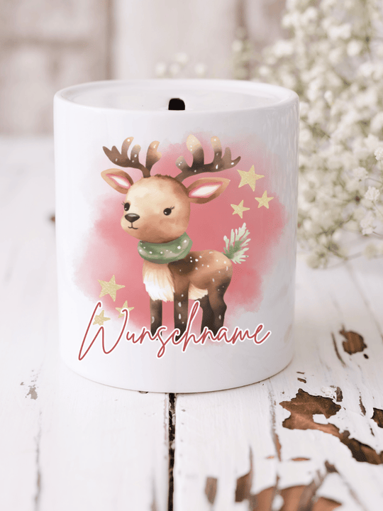 Spardose mit Aquarell-Rentier – festlich & personalisierbar. Perfekt für Kinder als Geschenk zur Weihnachtszeit. Alles auf Anfang 💚 Geschenke für Herz & Seele