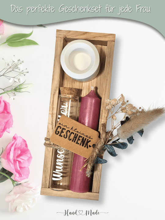 Geld - Geschenkset: 1 Kerze mit Wunscherfüller | Altrosa - Alles auf Anfang - personalisierte Geschenke für Frauen