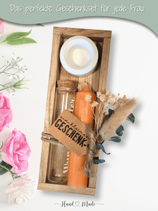 Geld - Geschenkset: 1 Kerze mit Wunscherfüller | orange - Alles auf Anfang - personalisierte Geschenke für Frauen
