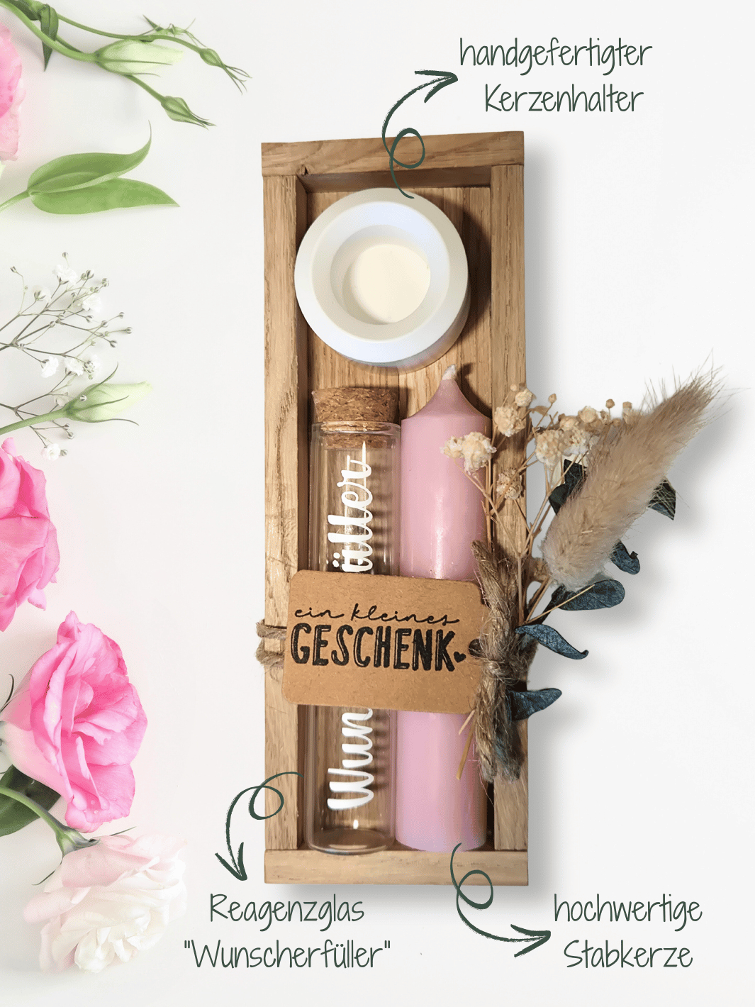 Geld - Geschenkset: 1 Kerze mit Wunscherfüller | Rosa - Alles auf Anfang - personalisierte Geschenke für Frauen