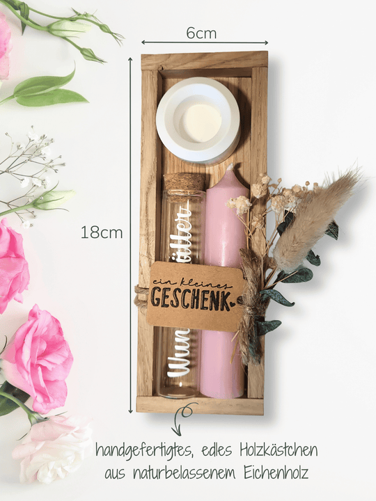Geld - Geschenkset: 1 Kerze mit Wunscherfüller | Rosa - Alles auf Anfang - personalisierte Geschenke für Frauen