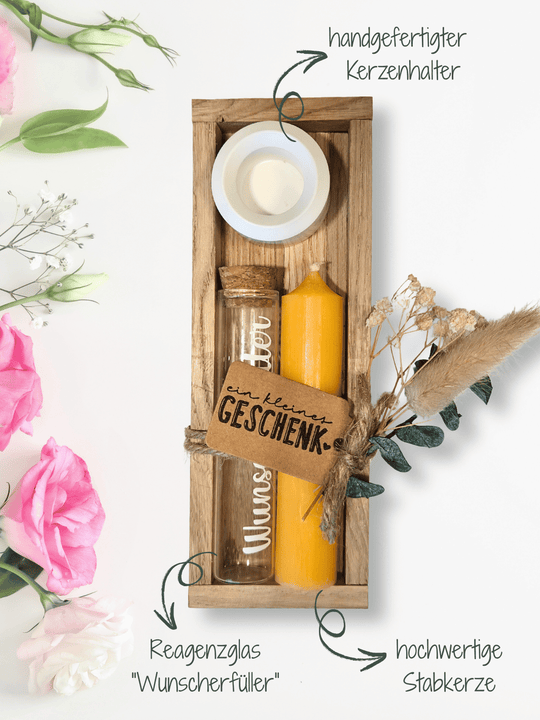 Geld - Geschenkset: 1 Kerze mit Wunscherfüller | sonnengelb - Alles auf Anfang - personalisierte Geschenke für Frauen
