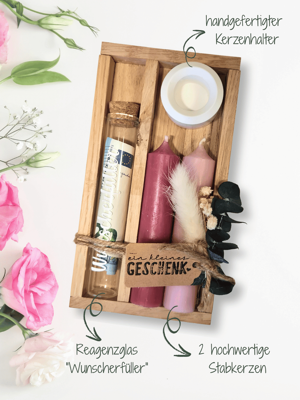 Geld - Geschenkset: 2 Kerzen mit Wunscherfüller | Rosa - Töne - Alles auf Anfang - personalisierte Geschenke für Frauen