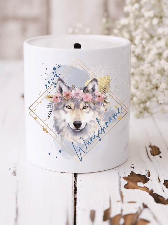 Mystische Spardose mit Aquarell-Wolf – personalisiert & tiefsinnig. Ideal für Naturfreunde & Träumer:innen. Alles auf Anfang 💚 Geschenke für Herz & Seele