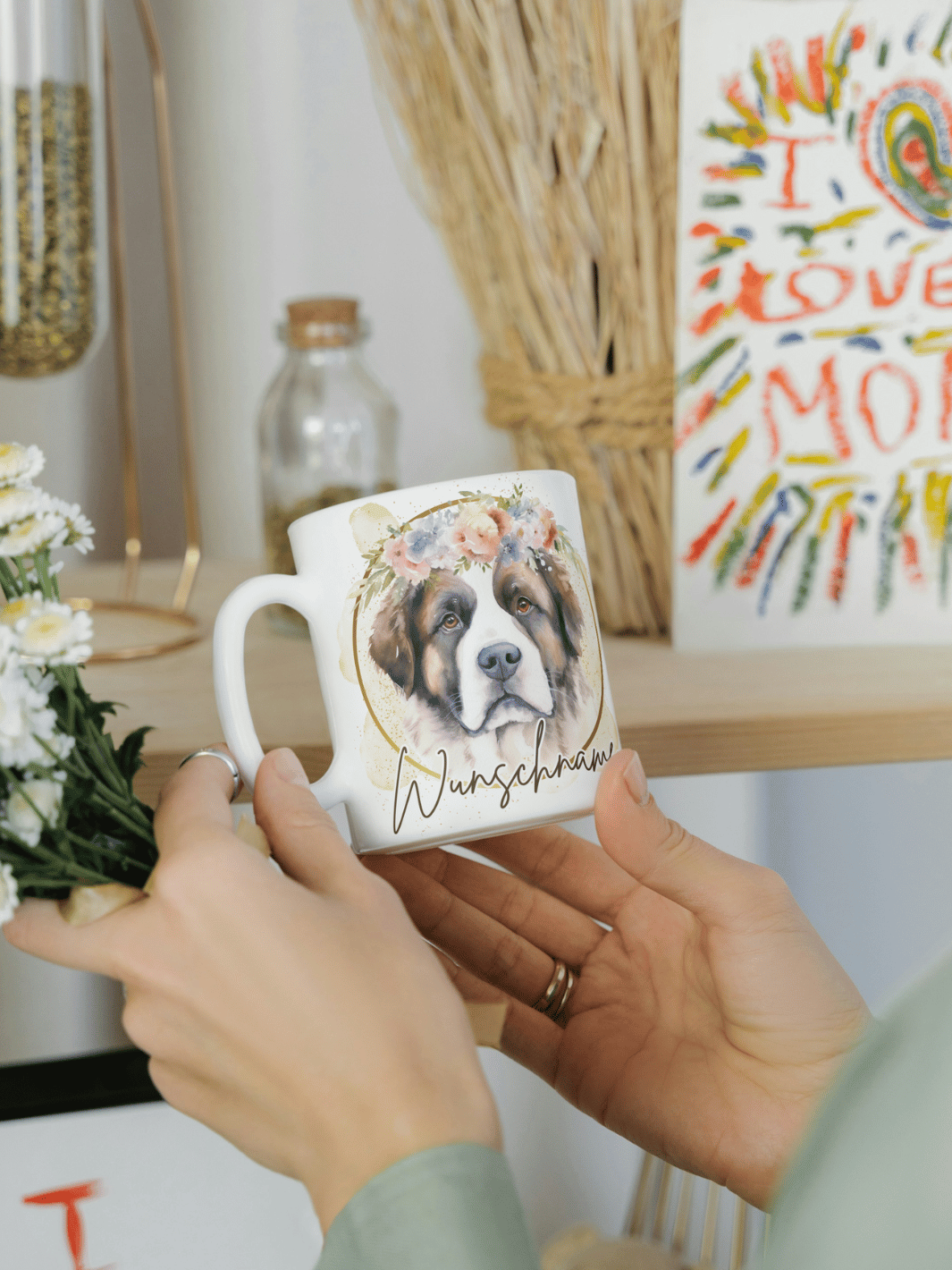 Motiv Bernhardiner - Personalisierbare Keramiktassen, handgefertigt in Deutschland, individuelles Geschenk für Freundin, nachhaltige Tasse für Kaffee oder Tee, liebevoll gestaltetes Motiv, personalisierbar mit Name