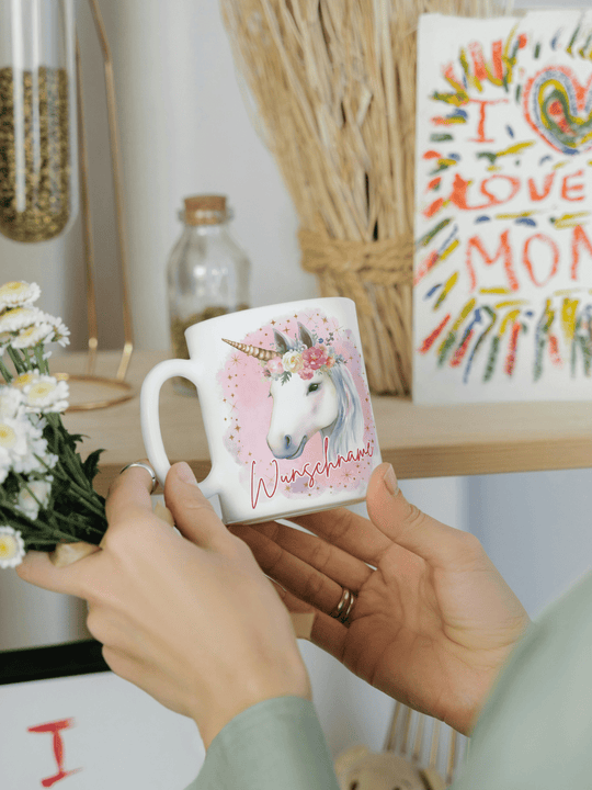 Motiv Einhorn - Personalisierbare Keramiktassen, handgefertigt in Deutschland, individuelles Geschenk für Freundin, nachhaltige Tasse für Kaffee oder Tee, liebevoll gestaltetes Motiv, personalisierbar mit Name