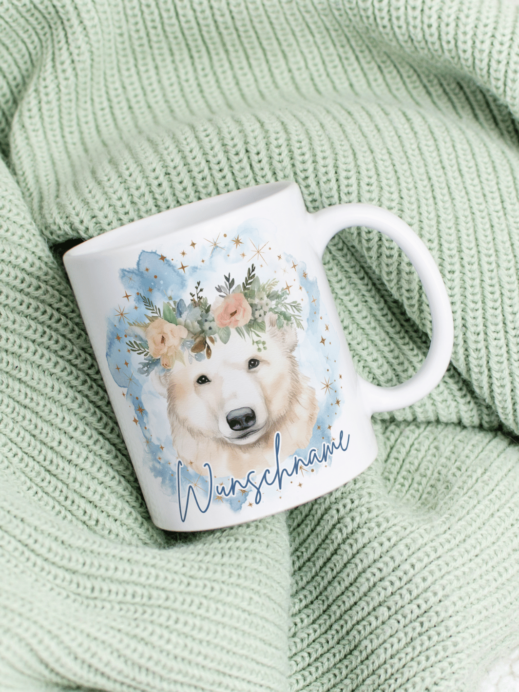 Motiv Eisbär - Personalisierbare Keramiktassen, handgefertigt in Deutschland, individuelles Geschenk für Freundin, nachhaltige Tasse für Kaffee oder Tee, liebevoll gestaltetes Motiv, personalisierbar mit Name