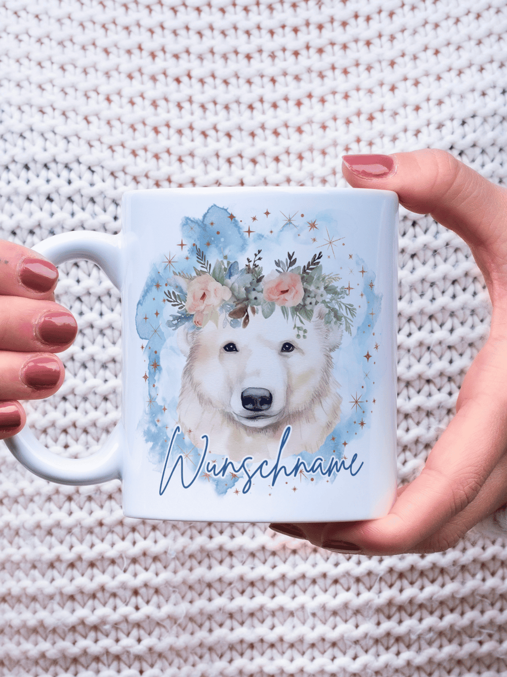 Motiv Eisbär - Personalisierbare Keramiktassen, handgefertigt in Deutschland, individuelles Geschenk für Freundin, nachhaltige Tasse für Kaffee oder Tee, liebevoll gestaltetes Motiv, personalisierbar mit Name