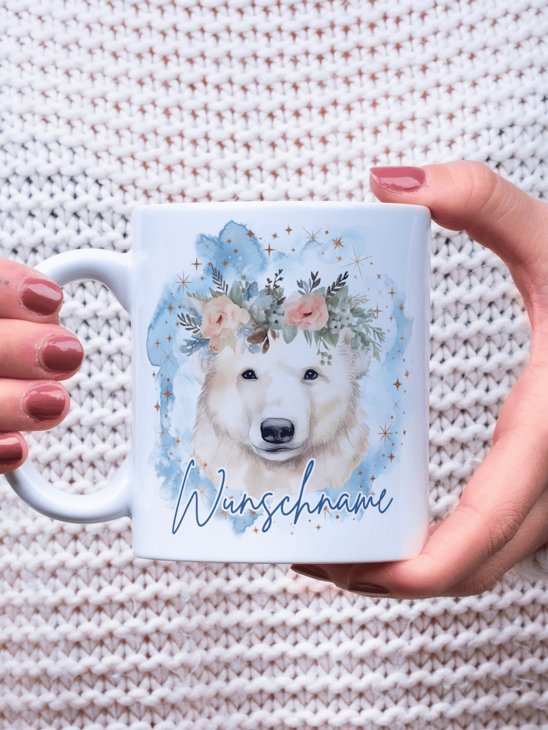 Motiv Eisbär - Personalisierbare Keramiktassen, handgefertigt in Deutschland, individuelles Geschenk für Freundin, nachhaltige Tasse für Kaffee oder Tee, liebevoll gestaltetes Motiv, personalisierbar mit Name