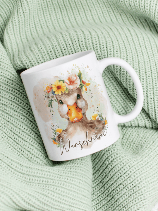 Motiv Ente - Personalisierbare Keramiktassen, handgefertigt in Deutschland, individuelles Geschenk für Freundin, nachhaltige Tasse für Kaffee oder Tee, liebevoll gestaltetes Motiv, personalisierbar mit Name
