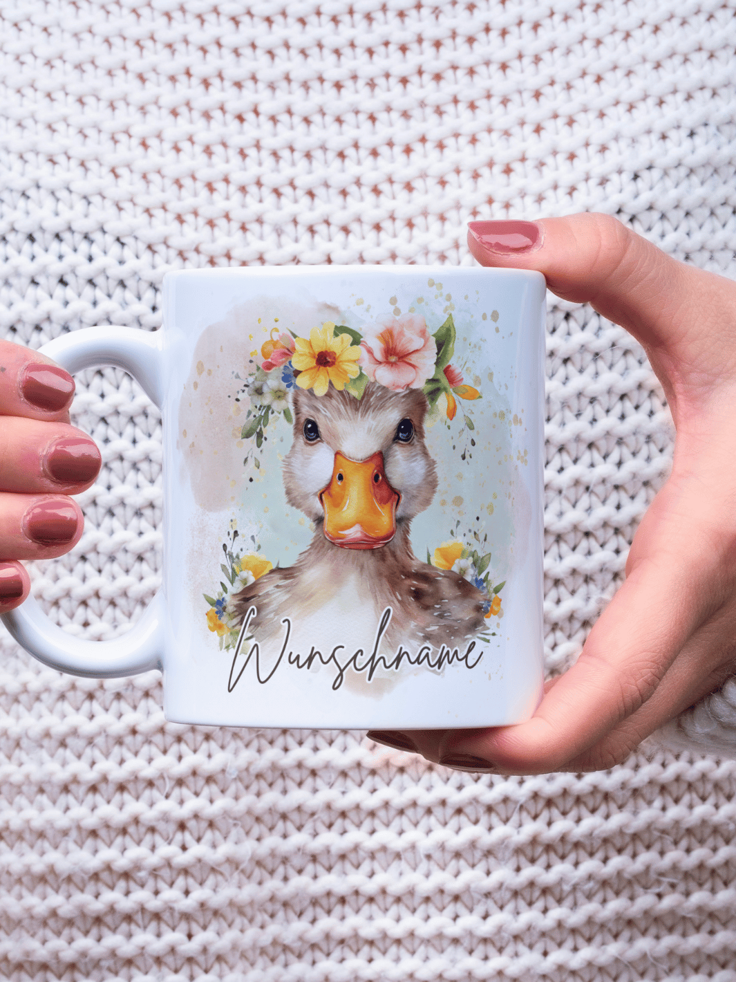 Motiv Ente - Personalisierbare Keramiktassen, handgefertigt in Deutschland, individuelles Geschenk für Freundin, nachhaltige Tasse für Kaffee oder Tee, liebevoll gestaltetes Motiv, personalisierbar mit Name