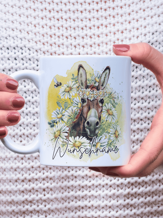 Motiv Esel - Personalisierbare Keramiktassen, handgefertigt in Deutschland, individuelles Geschenk für Freundin, nachhaltige Tasse für Kaffee oder Tee, liebevoll gestaltetes Motiv, personalisierbar mit Name