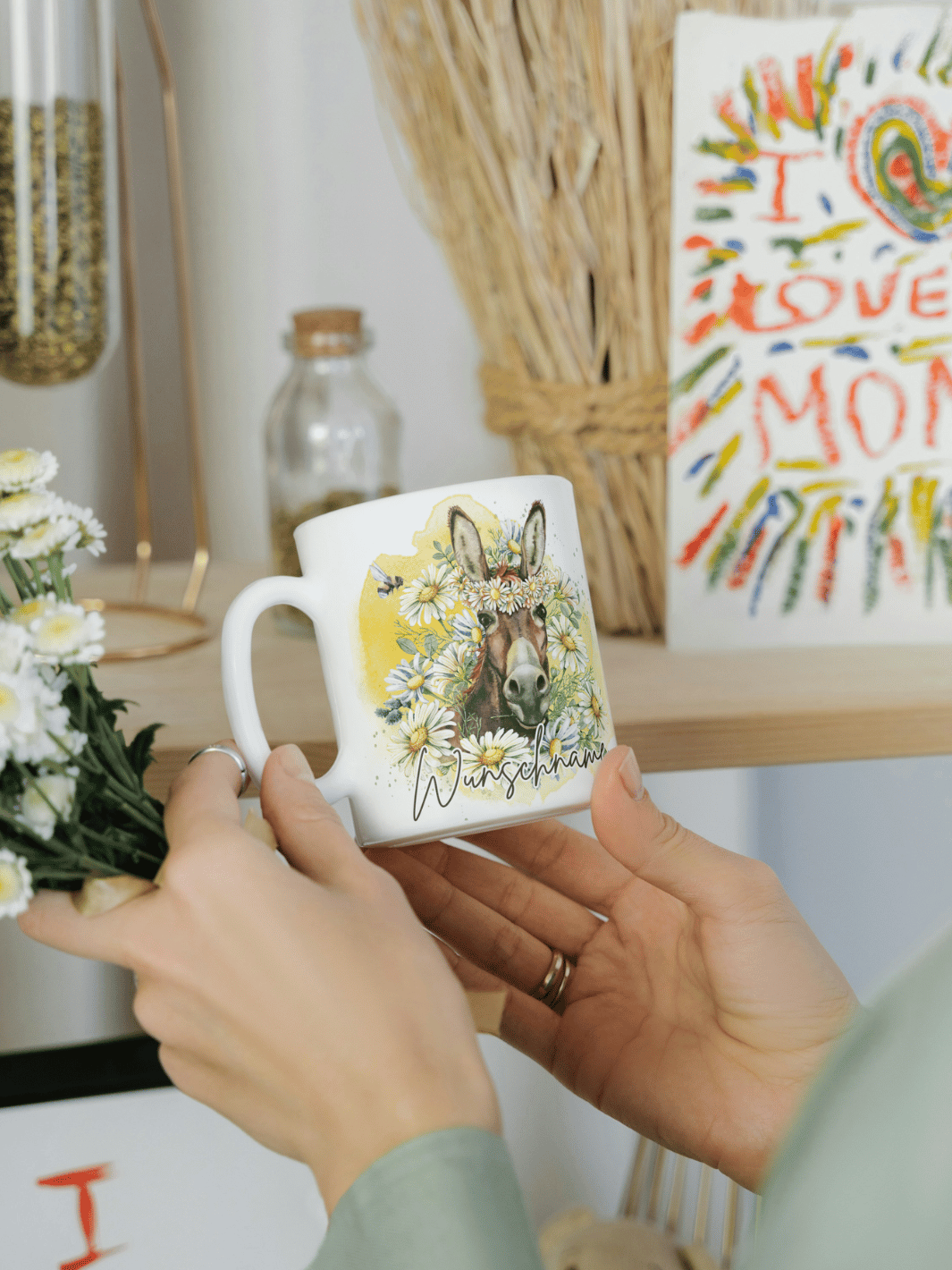 Motiv Esel - Personalisierbare Keramiktassen, handgefertigt in Deutschland, individuelles Geschenk für Freundin, nachhaltige Tasse für Kaffee oder Tee, liebevoll gestaltetes Motiv, personalisierbar mit Name