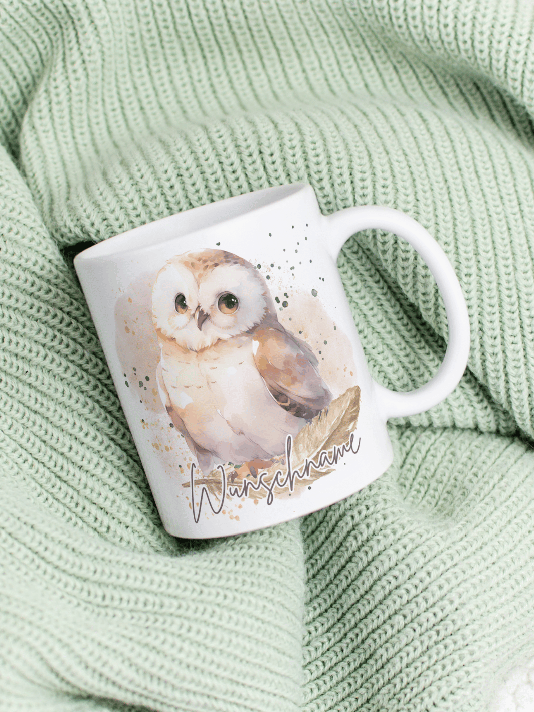 Personalisierbare Keramiktassen, handgefertigt in Deutschland, individuelles Geschenk für Freundin, nachhaltige Tasse für Kaffee oder Tee, liebevoll gestaltetes Motiv Eule, personalisierbar mit Name