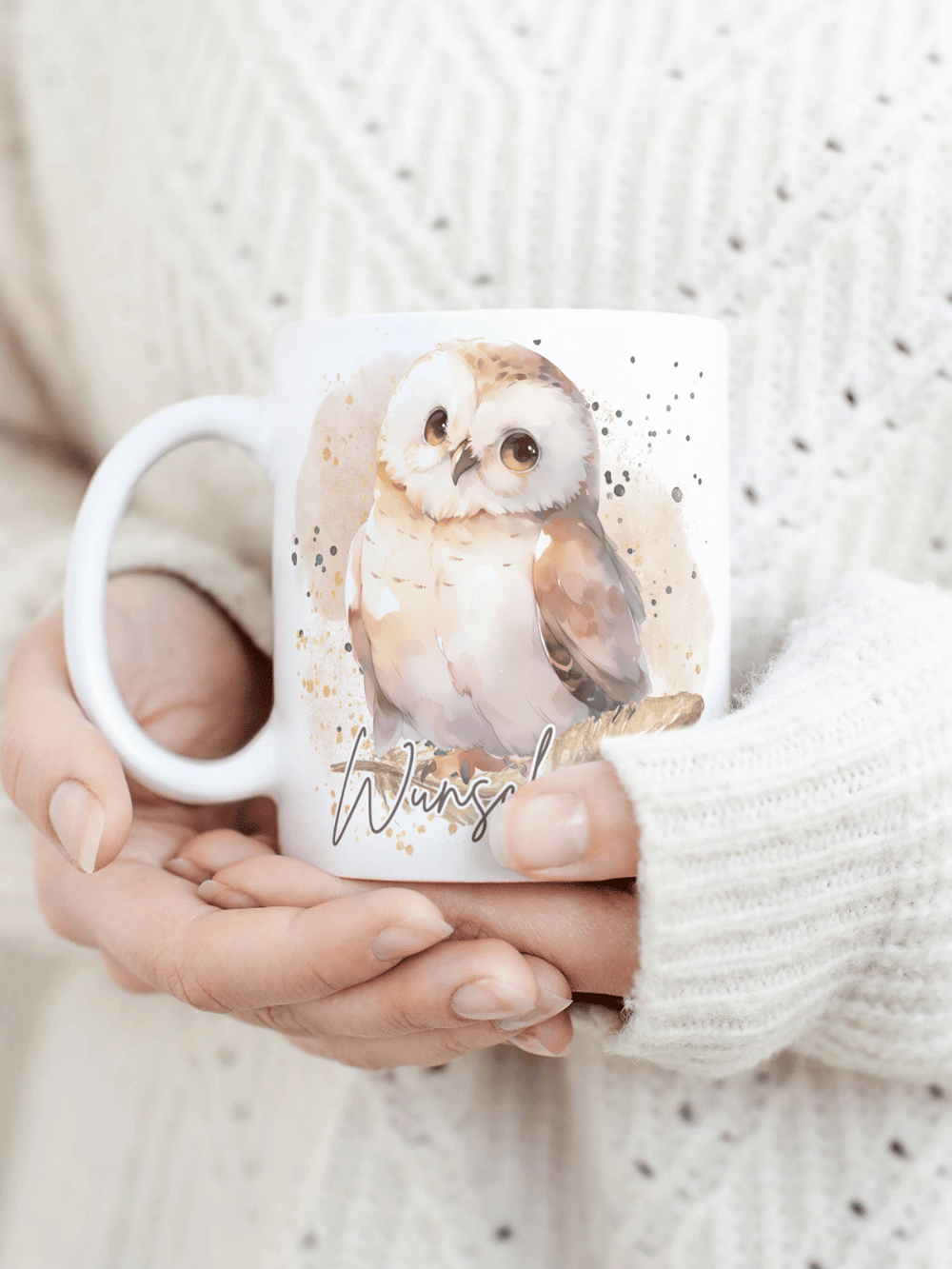 Personalisierbare Keramiktassen, handgefertigt in Deutschland, individuelles Geschenk für Freundin, nachhaltige Tasse für Kaffee oder Tee, liebevoll gestaltetes Motiv Eule, personalisierbar mit Name