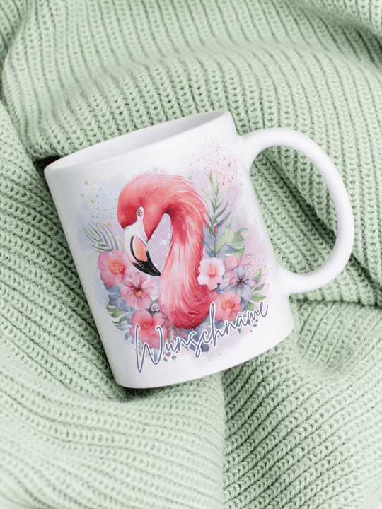 Motiv Flamingo - Personalisierbare Keramiktassen, handgefertigt in Deutschland, individuelles Geschenk für Freundin, nachhaltige Tasse für Kaffee oder Tee, liebevoll gestaltetes Motiv, personalisierbar mit Name