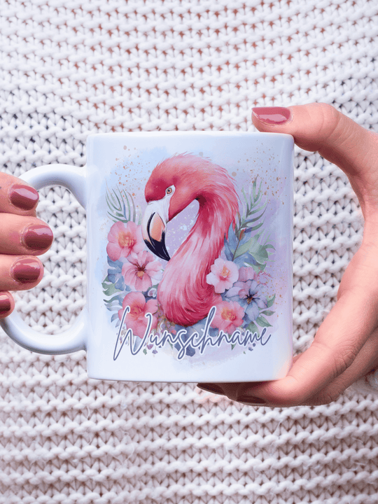 Motiv Flamingo - Personalisierbare Keramiktassen, handgefertigt in Deutschland, individuelles Geschenk für Freundin, nachhaltige Tasse für Kaffee oder Tee, liebevoll gestaltetes Motiv, personalisierbar mit Name