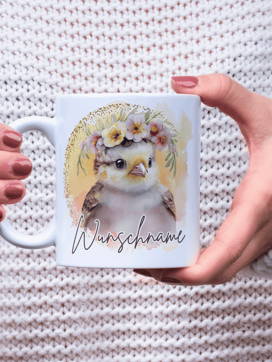 Motiv Küken - Personalisierbare Keramiktassen, handgefertigt in Deutschland, individuelles Geschenk für Freundin, nachhaltige Tasse für Kaffee oder Tee, liebevoll gestaltetes Motiv, personalisierbar mit Name