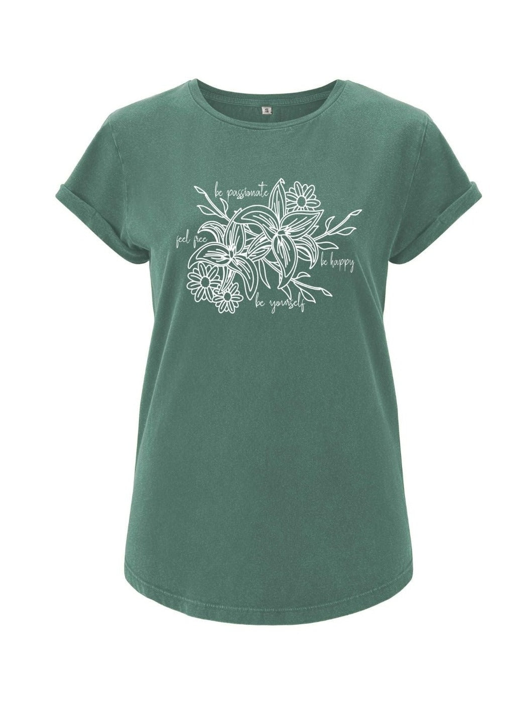 Damen T-Shirt BE YOURSELF rolled arms sage green