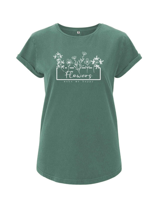 Damen T-Shirt FLOWERS rolles arms sage green