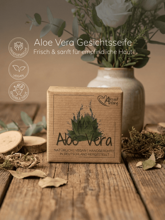 handgerührter Aloe-Vera-Gesichtsseife aus Deutschland. Achtsame Geschenke für Frauen bei Alles auf Anfang in Bedburg, NRW