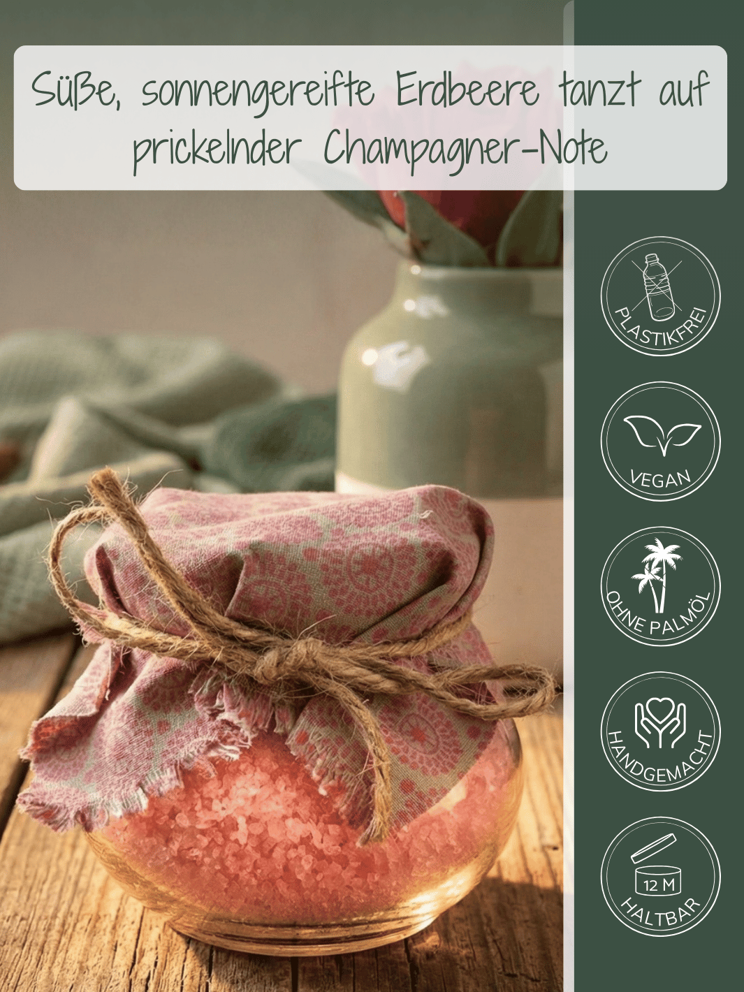 Handgemachtes Badesalz Erdbeer-Champagner – nachhaltiges, aromatisches Badegeschenk für Entspannung und Wellness. Achtsame Geschenke für Frauen bei Alles auf Anfang in Bedburg, NRW