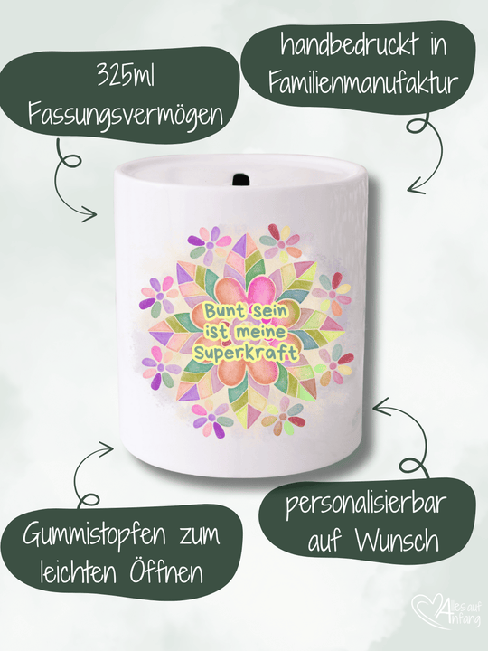 Bunt ist meine Superkraft - Keramikspardose - Alles auf Anfang - Geschenke für Frauen